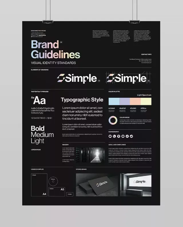 Simple brand guidelines poster with typography and identity systems, minimal, corporate-clean, dark