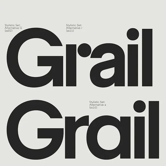 Grail geometric sans-serif type specimen, minimal, geometric, dark