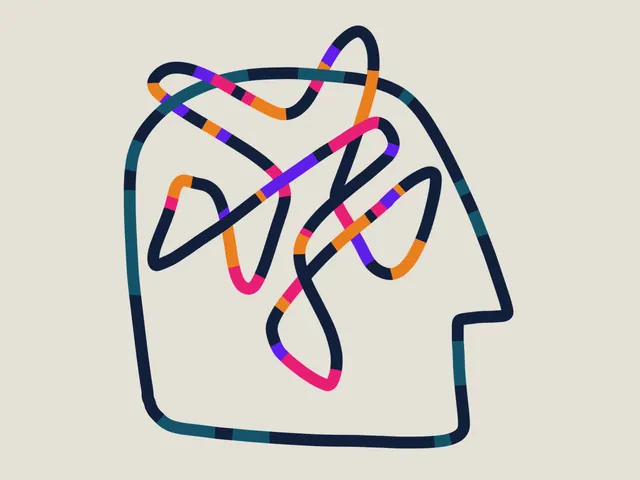 Mind symbol: head profile with winding neural lines, minimal, line-art, high-contrast