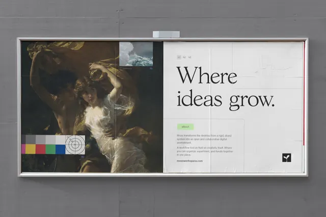 Split spread with sepia photograph and sans-serif tagline, minimal, corporate-clean, dark