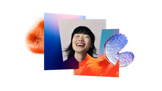 Vibrant collage with portrait and overlapping geometric shapes, abstract, geometric, warm