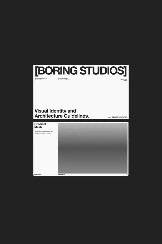 BORING STUDIOS brand guidelines document, minimal, brutalist, light