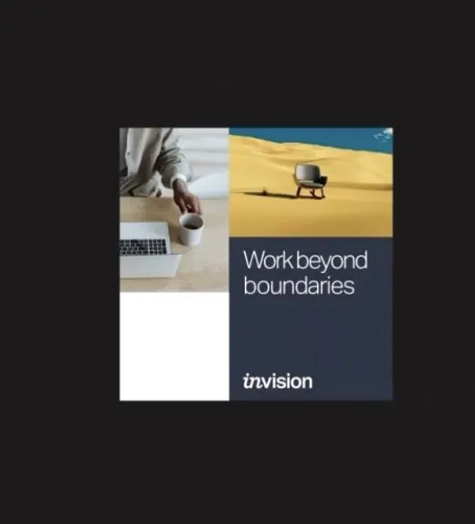Invision brand split layout with workspace and landscape, minimal, corporate-clean, light