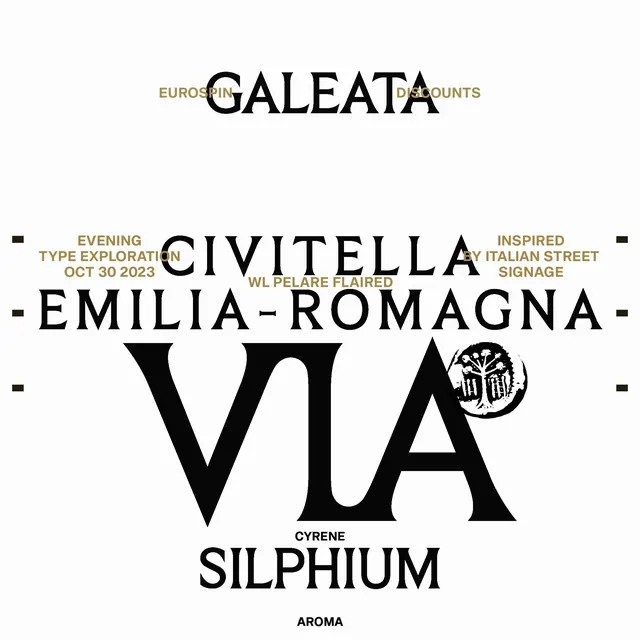 Galeata display type specimen with Italian location taglines, minimal, editorial, dark