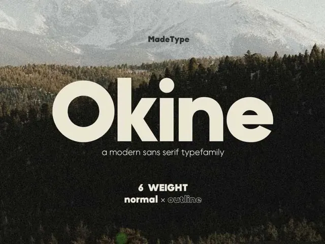 Okine typeface specimen over mountain landscape, editorial, minimal, light