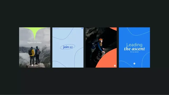 Aspirational multi-panel brand grid, minimal, corporate-clean, cool