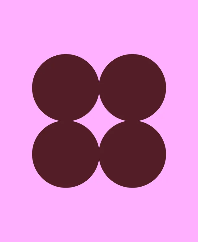 Four-circle abstract mark in magenta and maroon, minimal, geometric, vibrant