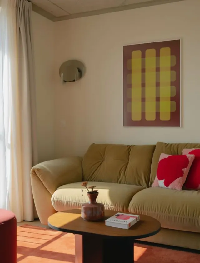 Interior with geometric wall art and warm palette, geometric, minimal, warm