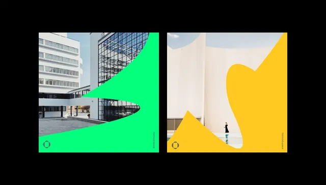 Neon organic shapes over architectural photography, geometric, minimal, vibrant