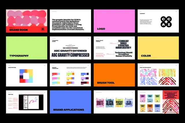 CCAI brand system: modular grid with hot pink, lime, yellow, and bright blue, playful, geometric, warm