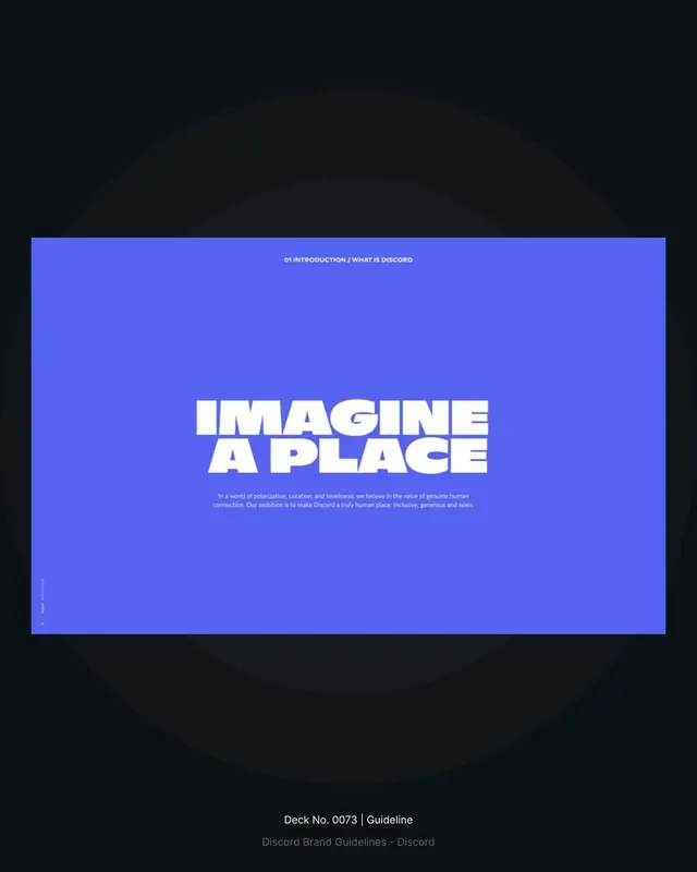 Discord brand guideline title slide with bold typographic block, flat, corporate-clean, dark