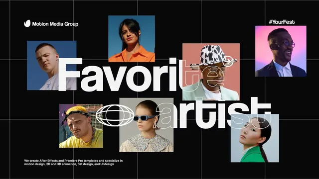 Motion Media Group: Bold portfolio promo with grid portraits, dark-mode, corporate-clean, dark