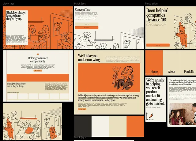 Black Jays consulting brand collage, flat, minimal, dark