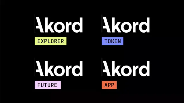 Akord product variants with colored feature tags, minimal, flat, dark