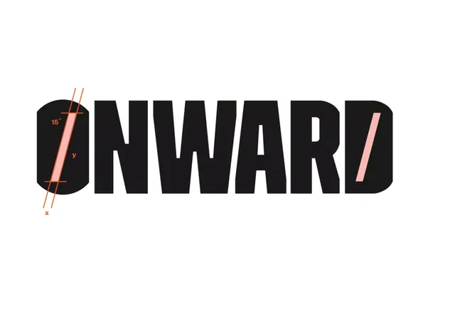 ONWARD logo with measurement annotation, geometric, minimal, dark