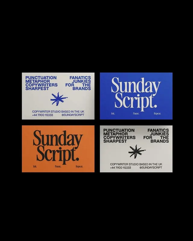 Sunday Script brand system with bold color-blocked type specimens, minimal, corporate-clean, high-contrast
