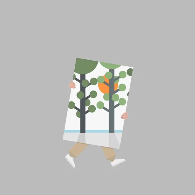 Illustrated character holding nature scene, flat, illustrated, light