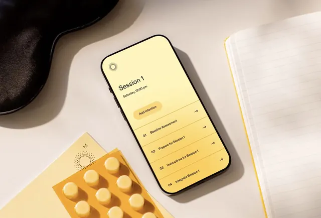 Wellness app and supplement packaging flat-lay, minimal, editorial, light