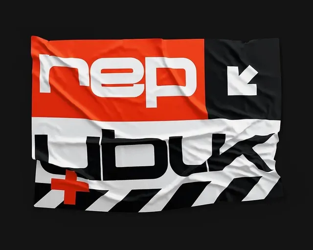 Rep/Undok brand identity flag with diagonal stripes, geometric, bold, vibrant