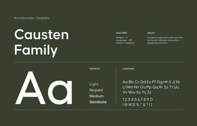 Causten Family type specimen, minimal, geometric, dark
