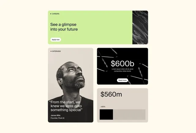 Fluid AI careers section with metric cards, minimal, corporate-clean, light