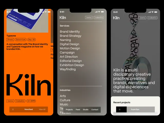 Kiln studio identity system across screens, dark-mode, minimal, dark