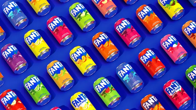 Fanta flavour range can grid, 3d-render, flat, vibrant