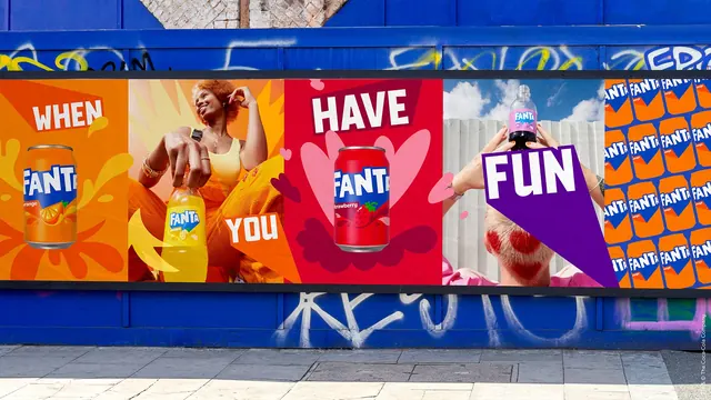 Fanta hoarding billboard with WHEN YOU HAVE FUN panels, maximalist, photographic, vibrant