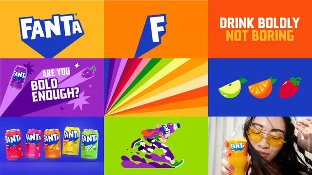Fanta identity system nine-tile overview grid, flat, geometric, vibrant