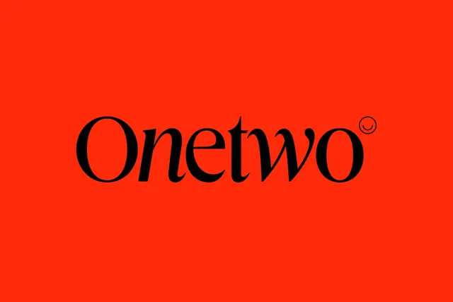 Onetwo serif wordmark on red-orange, minimal, photographic, warm
