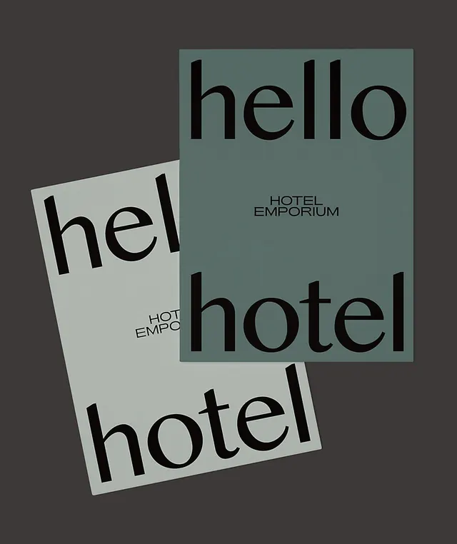 Hotel Emporium layered card system, minimal, geometric, dark