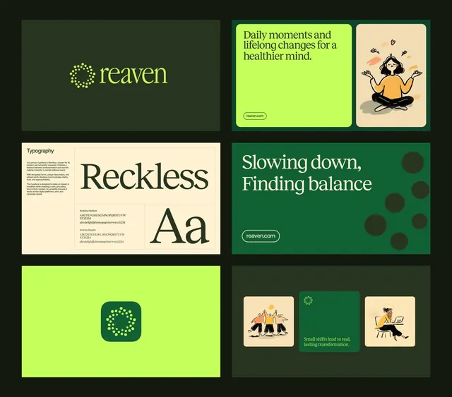 Reaven wellness branding system with lime-and-green identity, minimal, corporate-clean, earthy