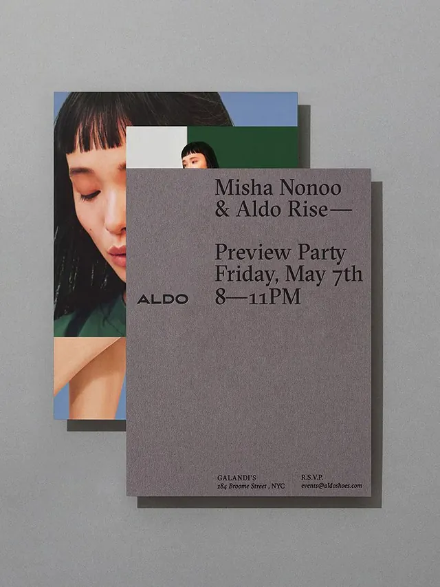 Misha Nonoo & Aldo Rise preview party invitation, minimal, editorial, muted