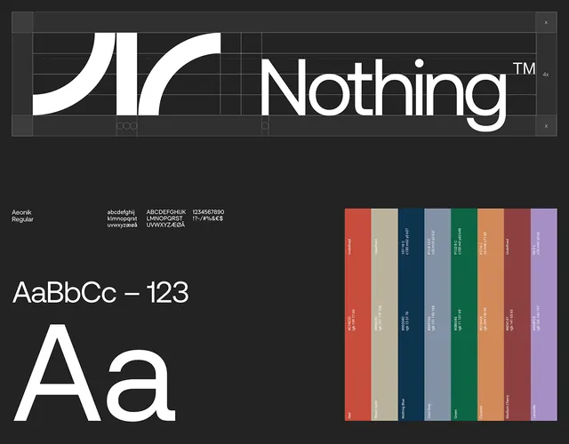 Nothing typeface identity sheet, minimal, technical, dark
