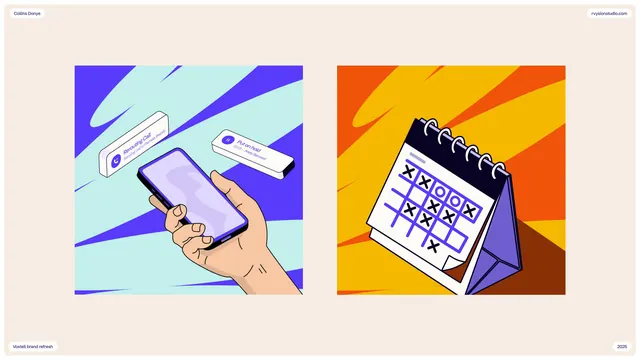 Flat 3D UI illustration pair with brand collateral, flat, minimal, vibrant