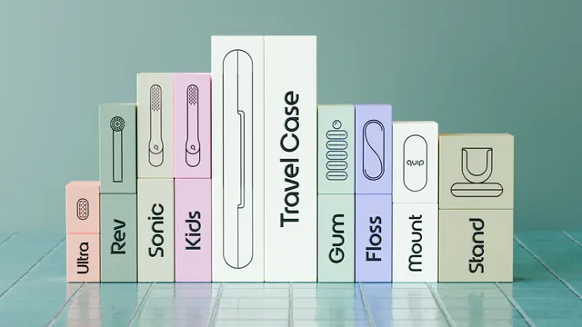 Quip product packaging lineup, minimal, flat, light