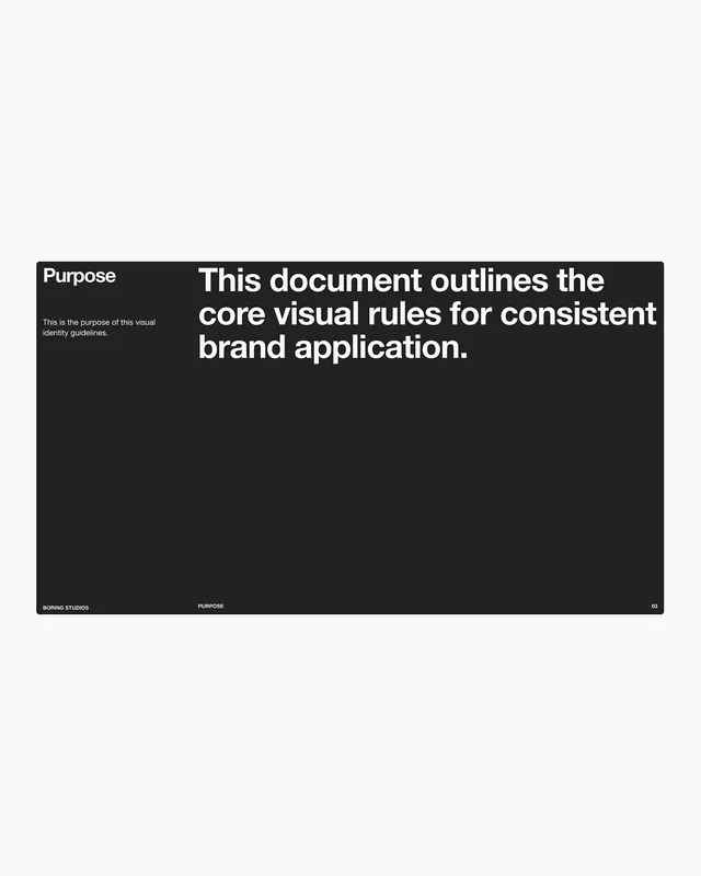 Brand guidelines purpose page with strict monochrome layout, minimal, corporate-clean, dark