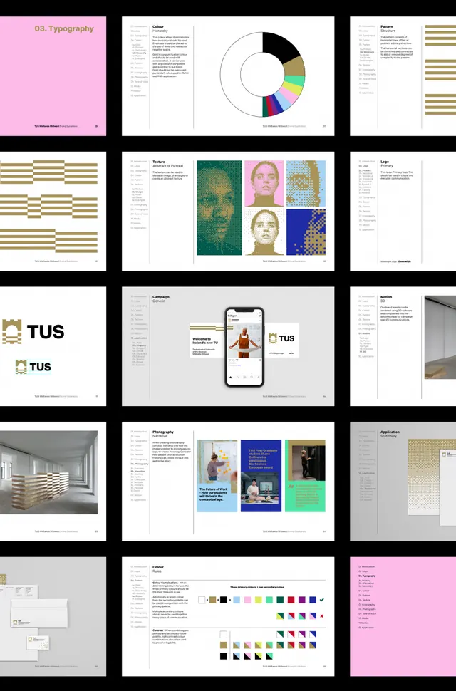 TUS brand identity and design system, minimal, geometric, dark