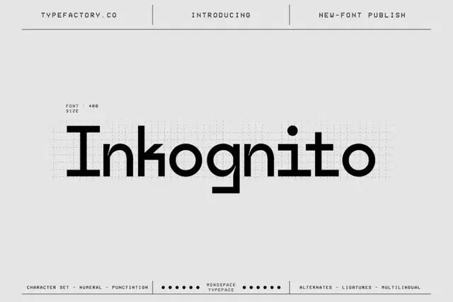 Inkognito font specimen sheet by Typefactory, minimal, geometric, dark