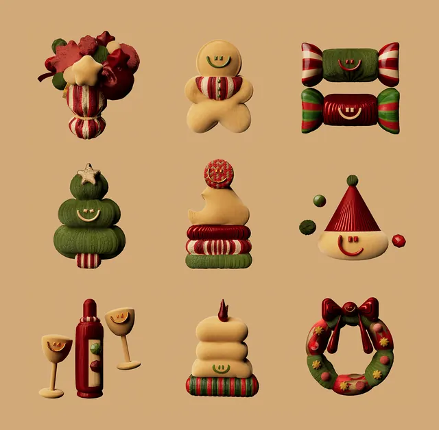 Handcrafted 3D icon set with retro holiday theme, retro, 3d-render, warm