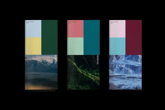 Three-column brand identity with paired palettes and landscapes, minimal, corporate-clean, cool