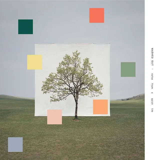 Tree silhouette with floating color blocks, minimal, abstract, light