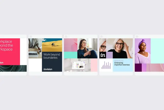 Colorful carousel portfolio layout with mixed media, minimal, editorial, vibrant