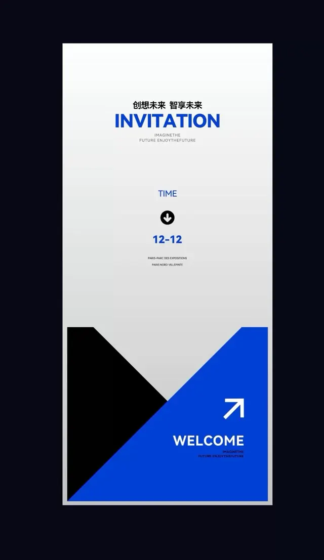 High-contrast diagonal split invitation, minimal, geometric, dark