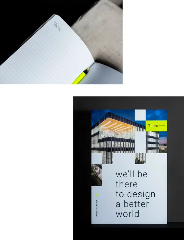 Architectural branding with type overlay and tactile notebook, minimal, editorial, light