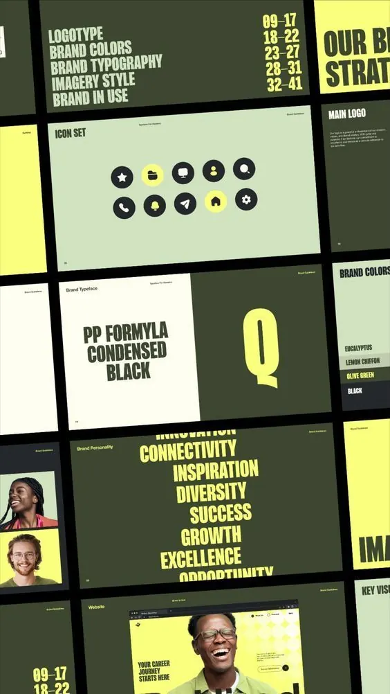 Olive and yellow brand system with icon set and modular layout, corporate-clean, geometric, dark