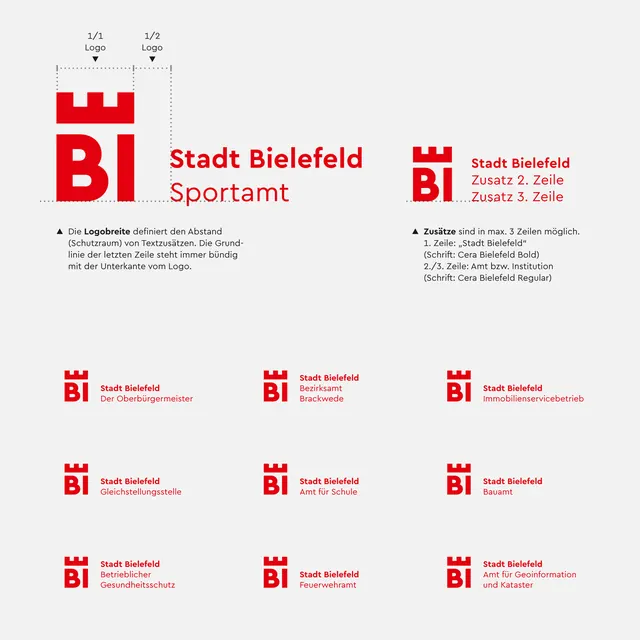 Stadt Bielefeld municipal logo system with grid variations, minimal, corporate-clean, warm