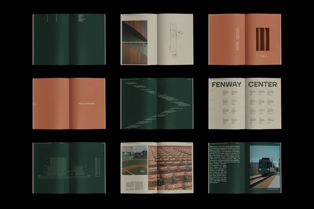 Fenway Center brochure spreads laid out as a nine-up grid, editorial, swiss, dark