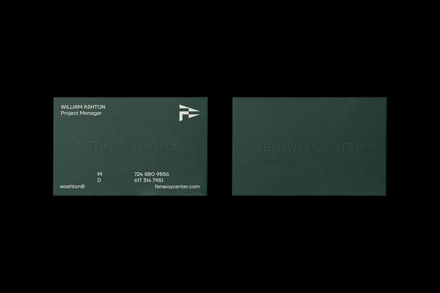 Fenway Center green business card front and back, minimal, luxury, dark