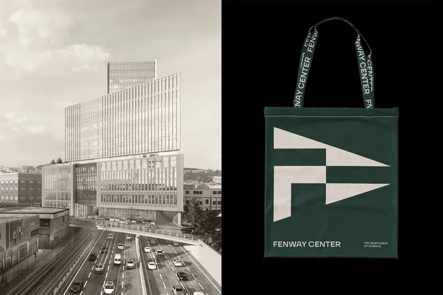 Fenway Center building render paired with green tote, architectural, photographic, dark